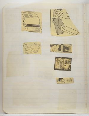 Rooms Compositions Notebook, Collage on back cover c. 1980s; drawing in book c. 1988–91 (RLCR 3083). Page 4v