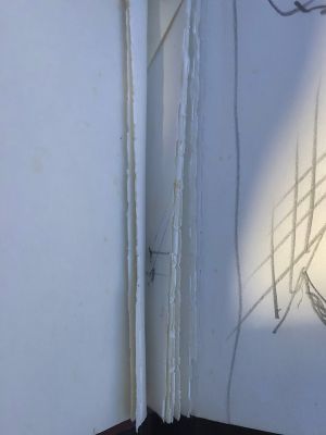 Winsor & Newton Small Sketchbook, Drawings in this book 1994–95 (RLCR 4344). Graphite pencil marks on a stub (between pages 1 and 2) where the artist removed page with drawing RLCR 2464, Girl with Beach Ball II (Study)