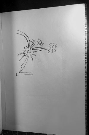 Piazzesi Carta Varese Sketchbook, Drawings in this book c. 1995 (RLCR 4424). Linear depressions next to the drawing RLCR 4424.1, Coup de Chapeau II (Study), matching RLCR 3952, Reflections on Sure!? (Study) (page 3)