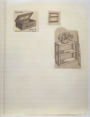 Rooms Compositions Notebook, Collage on back cover c. 1980s; drawing in book c. 1988–91 (RLCR 3083). Page 7