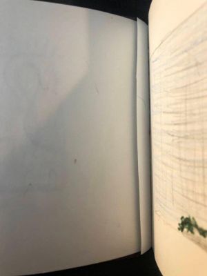 Diane & Paul Maurer Sketchbook, Drawings in this book c. 1989–97 (RLCR 3871). Graphite pencil marks on a stub where the artist removed a page (between pages 3 and 4)