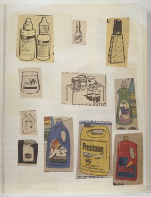 Rooms Compositions Notebook, Collage on back cover c. 1980s; drawing in book c. 1988–91 (RLCR 3083). Page 9r