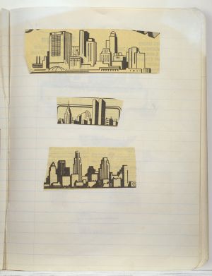 Rooms Compositions Notebook, Collage on back cover c. 1980s; drawing in book c. 1988–91 (RLCR 3083). Page 12r