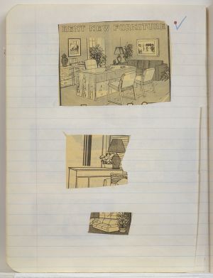 Rooms Compositions Notebook, Collage on back cover c. 1980s; drawing in book c. 1988–91 (RLCR 3083). Page 12v