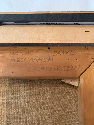Ratchet and Pawl Mechanism, c. 1954 (RLCR 446). Detail of inscriptions on stretcher