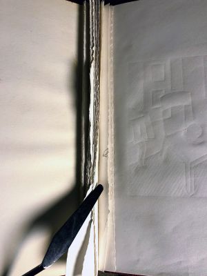 Winsor & Newton Medium Sketchbook [2], Drawing originating in this book 1996, drawings likely originating in this book c. 1976–78, c. 1991–97 (RLCR 2536). Graphite pencil marks on a stub where the artist removed a drawing (between pages 1 and 2)