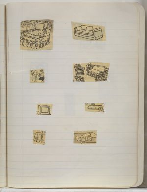Rooms Compositions Notebook, Collage on back cover c. 1980s; drawing in book c. 1988–91 (RLCR 3083). Page 13
