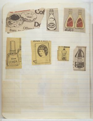 Rooms Compositions Notebook, Collage on back cover c. 1980s; drawing in book c. 1988–91 (RLCR 3083). Page 8v