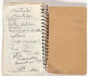 Mead Memo Book, Drawing in this book c. 1991–94 (RLCR 4097). Page 41v with ideas for the works seen on the walls of the Interior paintings RLCR 4047, RLCR 4157 and RLCR 4044.