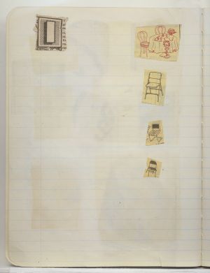 Rooms Compositions Notebook, Collage on back cover c. 1980s; drawing in book c. 1988–91 (RLCR 3083). Page 1v