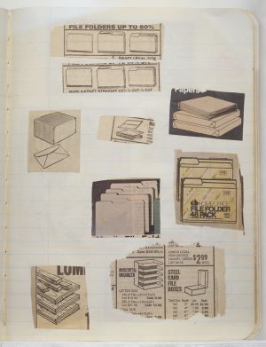 Rooms Compositions Notebook, Collage on back cover c. 1980s; drawing in book c. 1988–91 (RLCR 3083). Page 5r