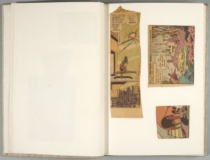 NY Central Beige Sketchbook [2], Drawings in this book c. 1987–96 (RLCR 3690). Comic clippings (page 6). Top right image from: Hamilton, Edmond (writing), Curt Swan (pencil), George Klein (ink). "Superman in Kandoor." Superman 158 (January 1963).