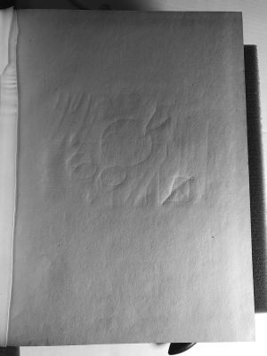 Black Sketchbook [2], Drawings originating in this book 1973, drawings likely originating in this book 1967, 1973 (RLCR 1508). Linear depressions on page 3 matching the drawing RLCR 2169, Fragmented Painting of Lemons and a Melon on a Table (Study)