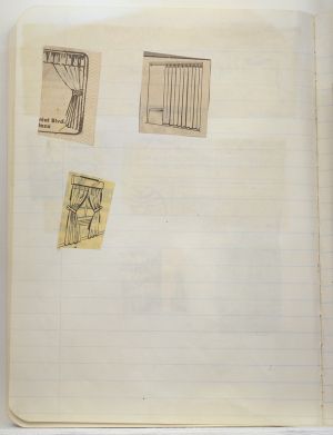 Rooms Compositions Notebook, Collage on back cover c. 1980s; drawing in book c. 1988–91 (RLCR 3083). Page 3v