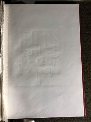 Hologram Interior (Study), 1996 (RLCR 4512). Raking light detail of linear depressions on page 2 of Winsor & Newton Medium Sketchbook [2]