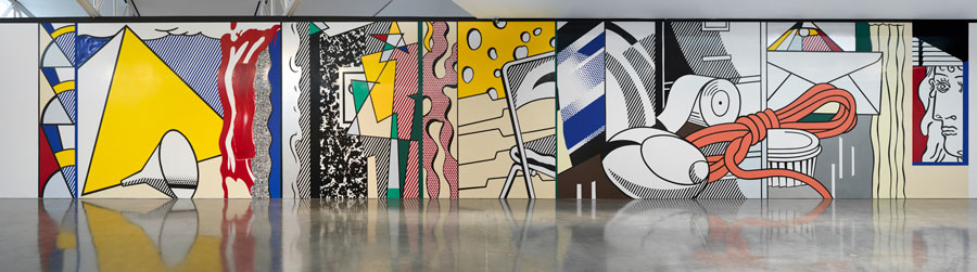 From RLF Archives: Full-scale replica of Lichtenstein's 1983 Greene Street Mural (RLCR 3211) for the exhibition 2015b New York Gagosian. Painted by Colossal Media, New York, overseen by Robert McKeever. Dimensions: 216 x 1148 in. (549 x 2916 cm) (approx.). Destroyed after the exhibition closed.
Photo: Robert McKeever, courtesy Gagosian Gallery