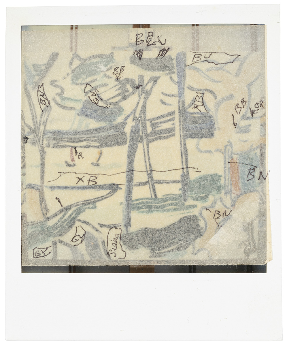 From RLF Archives: RL Studio Photograph of painting in progress with artist’s color indications on tracing paper overlay Photo: Courtesy RLF Archives