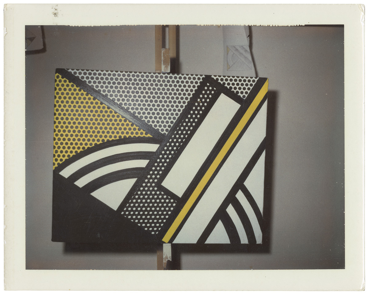 From RLF Archives: RL Studio Photograph showing sheet prior to being trimmed, with RLCR 1438, Modern Painting with Yellow Shaft, 1967, in the foreground Photo: Courtesy RLF Archives
