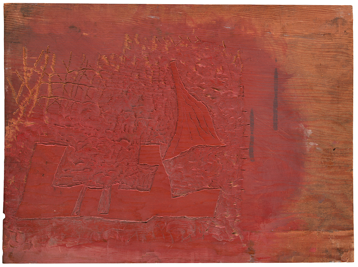 In a Private Collection: Red-run woodblock used to print both variants of Knight and Lady, with striations seen in later state impressionPhoto: Courtesy collection of Alex Meyerovich