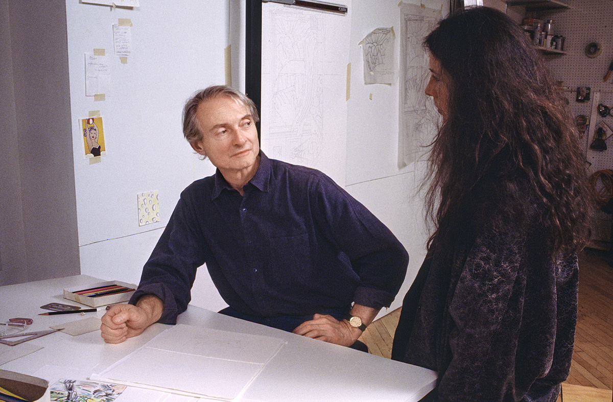 From Other Archives and Repositories: RLCR 3378, Swiss Cheese (Elevator Doors) (Study) at the West 29th Street Studio with Lichtenstein and his assistant, Olivia Motch, in 1984
Photo: © Bob Adelman
