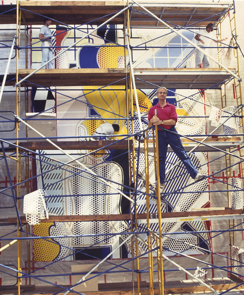 The artist working on his mural, RLCR 3774, Bauhaus Stairway Mural, at the Creative Artists Agency Building in Beverly Hills, California, October 4, 1989. Photo: Betty Freeman, courtesy RLF Archives