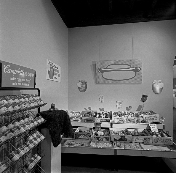 The American Supermarket exhibition installed in Rome, 1965, with RLCR 877. Photo: Mondadori Portfolio/Contributor courtesy Getty Images; Artwork © Estate of Roy Lichtenstein