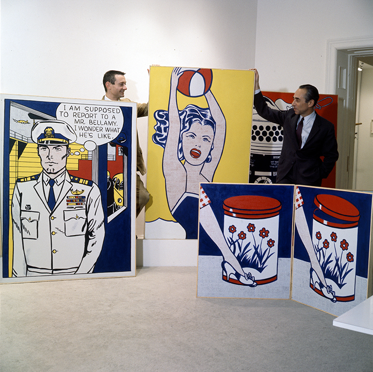 Lichtenstein and Leo Castelli posing at the Castelli Gallery in 1961 with RLCR 634, RLCR 647, RLCR 654 and RLCR 657. Photo: Paul Berg / St Louis Post-Dispatch / Polaris, courtesy the Library of Congress; Artwork © Estate of Roy Lichtenstein