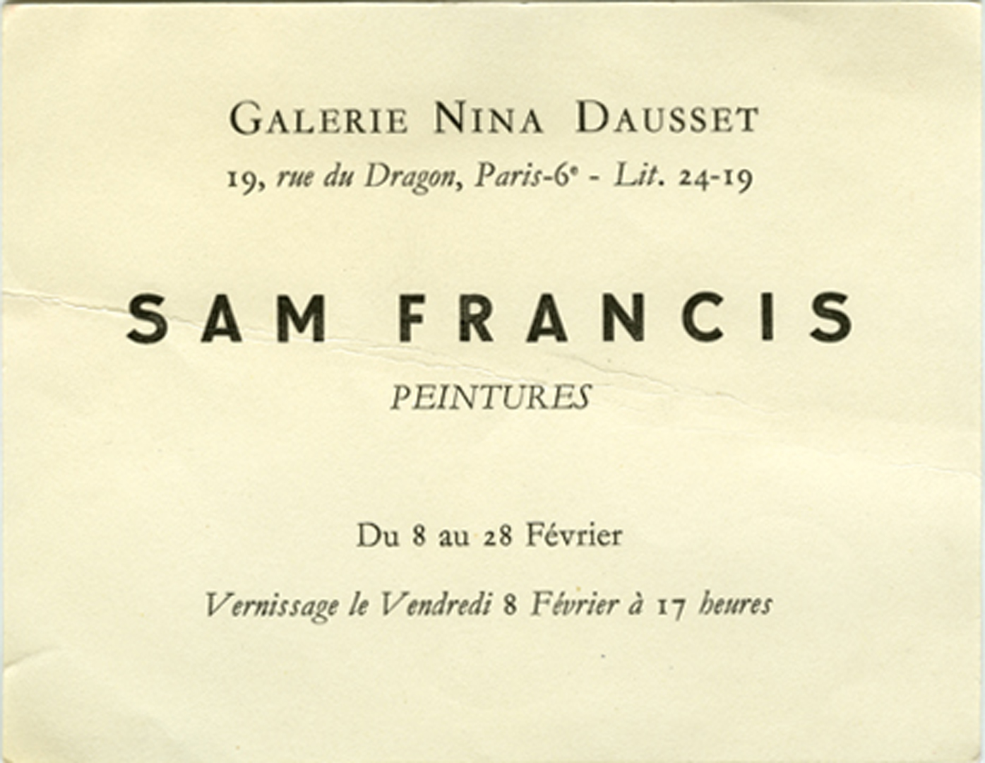 Announcement: Announcement for first solo exhibition, Galerie Nina Dausset, Paris, 1952