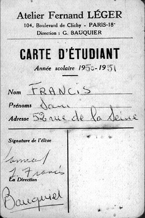 Francis's student identification card for the Atelier Fernand Léger, Paris, 1950–51.