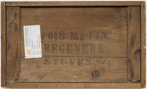 Composition, 1931 (1931.114). This work was executed on a wooden vegetable crate. The verso is stenciled with the text “POIS MIFIN REGENERE ETUVES,” in English: “Dried semi fine peas.”